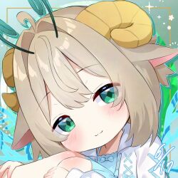 1girl :3 ahoge antennae blue_shirt blush border bow brown_hair cat_ear-shaped_hair chibi closed_mouth coat dated eyebrows_hidden_by_hair eyelashes green_eyes hair_between_eyes head_on_own_knee head_rest head_tilt horns knee_up looking_at_viewer original shirt short_hair sidelocks siera_(sieracitrus) signature single_horn sleeves_past_wrists smile solo white_coat
