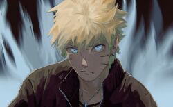 1boy black_jacket blonde_hair blue_eyes earrings facial_mark fishnets highres jacket jewelry looking_at_viewer male_focus naruto_(classic) naruto_(series) necklace open_clothes open_jacket portrait short_hair signature solo tamelee uzumaki_naruto whisker_markings