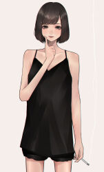 Rule 34 | 1girl, absurdres, aegyo sal, bare arms, bare shoulders, black chemise, black eyes, black hair, black shorts, bob cut, chemise, cigarette, closed mouth, collarbone, commentary request, cowboy shot, eyelashes, finger to cheek, grey background, highres, holding, holding cigarette, lipstick, looking at viewer, makeup, mano aaa, mole, mole on chest, mole on shoulder, original, red lips, self-harm scar, short hair, shorts, smoke, smoke trail, smoking, solo, standing, swept bangs