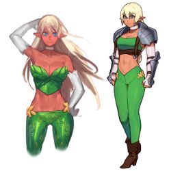 1girl arm_behind_head arm_up armor bare_shoulders blonde_hair blue_eyes boots breasts briana_(nilsunna) brown_footwear choker cleavage commentary comparison cowboy_shot cropped_legs dark-skinned_female dark_skin elbow_gloves elf english_commentary fingerless_gloves full_body gloves gluteal_fold green_pants groin hair_between_eyes high_heel_boots high_heels highres long_hair looking_at_viewer low-tied_long_hair medium_breasts midriff multiple_views navel original pants pointy_ears redesign shoulder_armor simple_background smile sunna_(nilsunna) vambraces white_background white_choker white_gloves