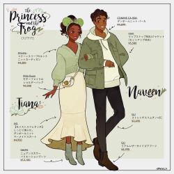 1boy 1girl alternate_costume black_hair brown_eyes brown_hair dark-skinned_female dark_skin dress earrings fashion gloves hair_bun jewelry long_hair looking_at_viewer meecosme minnie_mouse_ears necklace prince_naveen short_hair smile the_princess_and_the_frog tiana_(the_princess_and_the_frog)