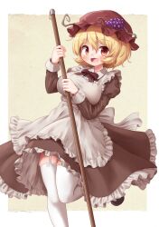 1girl :d aki_minoriko alternate_costume apron arinu black_shoes blonde_hair breasts brown_background brown_hat cowboy_shot enmaided garter_straps grape_hat_ornament hat highres large_breasts long_sleeves looking_at_viewer maid maid_apron mob_cap open_mouth red_eyes shoes short_hair smile solo standing standing_on_one_leg thighhighs touhou white_apron white_thighhighs