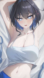 1girl absurdres alternate_costume armpits arms_up black_hair blue_eyes blue_hair blue_shorts breasts camisole cleavage collarbone colored_inner_hair commentary crop_top hair_between_eyes hair_intakes heart heart-shaped_pupils highres hololive hololive_english kronie_(ouro_kronii) large_breasts light_blush looking_at_viewer lying midriff multicolored_hair navel on_back on_bed open_mouth ouro_kronii short_hair shorts sidelocks solo symbol-shaped_pupils two-tone_hair upper_body virtual_youtuber white_camisole yoellim5