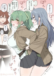 Rule 34 | 3girls, blue eyes, blue hair, blush, breasts, brown hair, closed eyes, dry humping, eria (yu-gi-oh!), from behind, green eyes, green hair, hair ribbon, hiita, hiita (yu-gi-oh!), humping, large breasts, long hair, looking at another, multiple girls, open mouth, ponytail, ribbon, sex, sex from behind, shinjiro, short hair, skirt, smile, translation request, uncommon stimulation, unusual stimulation, wynn (yu-gi-oh!), yu-gi-oh!, yuri