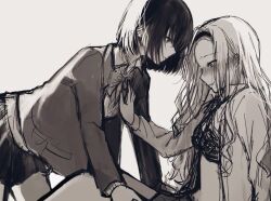 2girls blush blush_visible_through_hair bow bowtie bra collared_shirt commentary_request greyscale jacket kirarazaka_marina kuze_shizuka long_hair long_sleeves looking_at_another monochrome multiple_girls nose_blush open_clothes open_jacket open_shirt school_uniform shirt short_hair sketch skirt soani takopii_no_genzai underwear wing_collar yuri