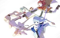 Rule 34 | 3girls, akino kaede, bare shoulders, black gloves, blonde hair, blue dress, blue eyes, blue hair, blunt bangs, closed mouth, commentary request, dress, earrings, falling, gloves, highres, holding, holding polearm, holding staff, holding sword, holding weapon, jewelry, long hair, magia record: mahou shoujo madoka magica gaiden, magical girl, mahou shoujo madoka magica, minami rena, minami rena (magical girl), multiple girls, open mouth, polearm, ponytail, red hair, samidare (hoshi), simple background, smile, staff, striped clothes, striped dress, sword, togame momoko, two side up, weapon, white background