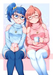 2girls :o ahoge arakawa_tarou armpit_crease bare_shoulders bespectacled black-framed_eyewear blue_eyes blue_hair blue_sweater blue_thighhighs border bow closed_eyes closed_mouth clothing_cutout commentary_request cup glasses hair_bow highres hirogaru_sky!_precure holding holding_cup invisible_chair jewelry long_hair long_sleeves mug multiple_girls necklace nijigaoka_mashiro open_mouth outside_border pink_hair pink_sweater precure red-framed_eyewear short_hair shoulder_cutout side_ponytail single_sidelock sitting smile sora_harewataru sweater thighhighs turtleneck turtleneck_sweater very_long_hair white_border white_thighhighs yellow_bow