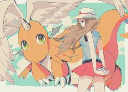 Rule 34 | 1girl, blue shirt, breasts, brown eyes, brown hair, bucket hat, claws, closed mouth, dragonite, feathered wings, flying, gen 1 pokemon, green eyes, hat, head wings, holding, holding poke ball, horns, kkodle2, leaf (pokemon), long hair, mega dragonite, mega pokemon, nintendo, poke ball, poke ball (basic), pokemon, pokemon (creature), pokemon frlg, porkpie hat, red skirt, shirt, single horn, skirt, sleeveless, sleeveless shirt, tail, white hat, wings, wristband