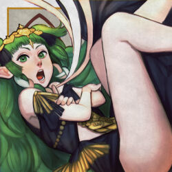 1girl bare_legs bare_shoulders crossed_arms feet_out_of_frame fire_emblem fire_emblem:_three_houses flat_chest green_eyes green_hair headpiece highres legs long_hair looking_at_viewer nanbu_yasumi nintendo open_mouth solo sothis_(fire_emblem) thighs