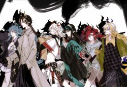 2boys 4girls absurdres alternate_costume aqua_hair arknights black_hair black_vest blonde_hair brother_and_sister checkered_clothes checkered_vest chinese_commentary chongyue_(arknights) closed_eyes coat colored_extremities commentary_request cowboy_shot crop_top dragon_girl dragon_horns drop_shadow dusk_(arknights) family green_eyes grey_coat groin hand_in_pocket highres horns ling_(arknights) looking_ahead looking_at_another looking_at_viewer looking_down midriff multicolored_hair multiple_boys multiple_girls navel nian_(arknights) orange_eyes plutofluoxetine pointy_ears profile purple_eyes purple_hair red_hair shu_(arknights) siblings sisters standing streaked_hair vest walking white_hair yellow_eyes yu_(arknights)