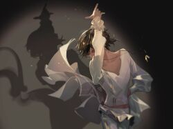 1boy arknights arm_up brown_hair commentary cowboy_shot dancing dark-skinned_male dark_skin english_commentary fandangyu floating_clothes floating_neckwear frilled_sleeves frills hand_on_own_hip highres jewelry long_sleeves male_focus mixed-language_commentary necklace pants ponytail puffy_sleeves shirt short_ponytail solo thorns_(arknights) v-neck white_pants white_shirt yellow_eyes