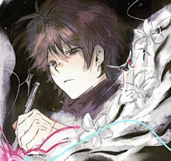 1boy brown_eyes brown_hair brown_sweater chizizizi closed_mouth commentary film_grain flower harada_minoru highres holding holding_pen male_focus pen portrait saibou_shinkyoku short_hair solo sparkle sweater symbol-only_commentary turtleneck turtleneck_sweater white_flower
