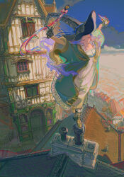 1girl absurdres black_gloves black_hat blue_sky boots bow building chimney city closed_eyes dress from_above gloves hat highres holding lace-up_boots long_hair magic medieval original outdoors outstretched_arms paw_print pink_bow pink_ribbon purple_hair ribbon robe sky smile solo standing standing_on_one_leg taro-k tile_roof white_dress window witch witch_hat