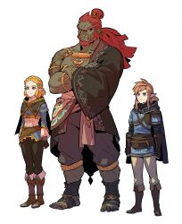 1girl 2boys asymmetrical_clothes boots braid champion&#039;s_tunic_(zelda) cloak crown_braid dark-skinned_male dark_skin folded_hair ganondorf hair_bun highres hood hood_down hooded_cloak link multiple_boys nintendo pointy_ears ponytail princess_zelda red_hair redlhzz short_ponytail simple_background single_hair_bun tall_male the_legend_of_zelda the_legend_of_zelda:_tears_of_the_kingdom thick_eyebrows variant_set
