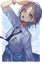1girl :o absurdres ahoge asakura_toru black_necktie blue_cardigan blush border breasts cardigan cardigan_around_waist clothes_around_waist commentary_request grey_skirt highres idolmaster idolmaster_shiny_colors looking_up loose_necktie medium_breasts medium_hair necktie open_collar plaid_clothes plaid_skirt pleated_skirt purple_hair rebanira_kaisan school_uniform shading_eyes shirt short_hair skirt solo white_border white_shirt