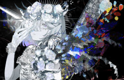 1girl absurdres black_background blue_eyes blue_flower blunt_bangs bracelet brooch diamond_(gemstone) flower gradient_hair grey_hair hair_flower hair_ornament hair_over_one_eye halo ham_melon_(iloha_24) head_wreath highres holding holding_flower jewelry macuahuitl multicolored_hair original parted_bangs patterned_background prism purple_hair red_flower short_hair solo white_flower yellow_flower