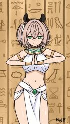 animal_ears animated bracelet breasts brown_hair cowboy_shot dancing egyptian_trend_(meme) green_eyes groin hieroglyphics jewelry large_breasts looking_at_viewer navel nimi_nightmare palms_together pelvic_curtain short_hair side_ponytail smile sound tagme thighs video virtual_youtuber