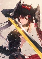 1girl absurdres argyle backless_dress backless_outfit bare_back black_dress black_hair breasts chin_guard commentary_request cyborg debris double-parted_bangs dress earrings fake_horns fighting_stance gradient_hair hair_between_eyes hair_ornament hara_kenshi headgear highres holding holding_sword holding_weapon horns jewelry joints lips long_hair lucia:_dawn_(pgr) lucia_(pgr) mechanical_arms mechanical_hands mechanical_horns mechabare medium_breasts multicolored_hair oni_horns punishing:_gray_raven red_eyes red_hair robot_joints serious skin_tight solo streaked_hair sword twintails upper_body weapon x_hair_ornament
