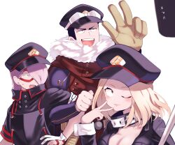 1girl 2boys ;) absurdres black_hair black_hat blonde_hair blush boku_no_hero_academia breasts chikuwa_savy cleavage commentary_request fur_trim gloves hand_on_own_hip hat highres looking_at_viewer medium_hair multiple_boys one_eye_closed open_mouth parted_bangs purple_hair shishikura_seiji smile sweatdrop translation_request utsushimi_kemii v white_background yoarashi_inasa