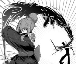 1girl 1other arm_tattoo black_kimono cloud_tattoo freckles gree_n hair_bun hair_ornament hair_stick holding holding_sword holding_weapon irezumi ishmael_(project_moon) japanese_clothes katana kimono kurokumo_clan_(identity)_(project_moon) limbus_company looking_at_viewer monochrome project_moon sash simple_background solo_focus standing sword tattoo upper_body weapon white_background