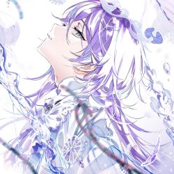 1boy blue_hair blurry blurry_foreground collared_shirt facing_up from_side grey_eyes hoshirube_sho long_hair looking_at_viewer male_focus multicolored_hair nijisanji parted_lips purple_hair shirt sideways_glance simple_background solo streaked_hair suou_(sdurorhr) two-tone_hair upper_body virtual_youtuber white_background white_shirt