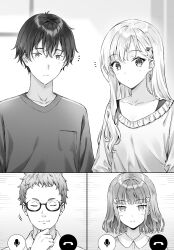 2boys 2girls asamura_yuuta ayase_saki brother_and_sister closed_mouth collarbone commentary_request earrings gimai_seikatsu glasses greyscale hair_ornament hairclip hand_on_own_chin highres hiten_(hitenkei) jewelry long_hair looking_at_viewer maru_tomokazu medium_hair monochrome multiple_boys multiple_girls narasaka_maaya novel_illustration official_art second-party_source semi-rimless_eyewear shirt short_hair siblings step-siblings under-rim_eyewear x_hair_ornament