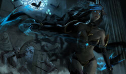 1girl 3boys armor bare_shoulders bat_(animal) bat_hair_ornament bat_ornament bikini_armor black_gloves black_hair black_panties blue_eyes blue_hair breasts cathedral claws cleavage commentary crystal english_commentary evelynn_(league_of_legends) fingernails full_armor gloves glowing glowing_eyes glowing_hair hair_ornament indoors league_of_legends long_hair looking_at_another looking_to_the_side medium_breasts moonlight multiple_boys navel panties sangsoo_jeong shadow_evelynn sharp_fingernails stomach thighs underwear