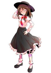 1girl alphes_(style) black_hat black_shoes black_skirt blush bobby_socks bow breasts brown_hair collared_shirt commentary_request dairi frilled_skirt frills full_body hair_between_eyes hair_bow hand_on_own_hip hat highres large_variant_set legs_apart long_hair long_sleeves medium_breasts necktie parody puffy_long_sleeves puffy_sleeves red_bow red_necktie shirt shoes skirt socks solo standing style_parody tachi-e touhou transparent_background usami_renko variant_set white_shirt white_socks