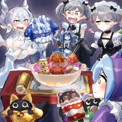 Rule 34 | 4girls, apron, arianna the labrynth servant, arianne the labrynth servant, black background, black dress, black gloves, blue hair, blush, bow, bowl, bread, breasts, calbee (potato chips), character doll, character request, check character, cloak, closed mouth, collar, commentary request, cooky yummy, crossed bangs, cupsie yummy, demon girl, demon horns, demon wings, doll, dragon girl, dress, duel monster, elbow gloves, fang, food, frilled dress, frills, from behind, gloves, green eyes, grey eyes, grey hair, hair between eyes, hair bow, hatano kiyoshi, highres, holding, holding doll, horns, jitome, large breasts, laundry dragonmaid, leotard, light frown, loaf of bread, lollipo yummy, lovely labrynth of the silver castle, maid, maid apron, maid headdress, multiple girls, mystic tomato, naturia strawberry, open mouth, pointy ears, potato boy (calbee), purple cloak, red eyes, short hair, simple background, sleeveless, sleeveless dress, smile, strapless, strapless leotard, table, twintails, upper body, v-shaped eyebrows, white collar, white gloves, white leotard, wings, yu-gi-oh!