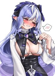 Rule 34 | 1girl, absurdres, blush, breasts, commentary request, green tea (matchaistasty), highres, large breasts, long hair, long sleeves, mole, mole under eye, multicolored hair, open mouth, red eyes, simple background, solo, spoken blush, streaked hair, vivian banshee, white background, zenless zone zero