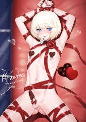 +++_(artist) 1boy arms_up blonde_hair blue_eyes blush chocolate chocolate_on_body chocolate_on_breasts chocolate_on_penis erection food_on_body heart heart-shaped_pupils homare_nao looking_at_viewer male_focus medium_hair nail_polish naked_ribbon nipples nude penis penis_ribbon presenting restrained ribbon solo symbol-shaped_pupils taimanin_(series) taimanin_rpgx testicles trap yaoi