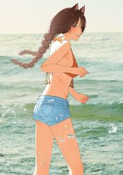 1girl absurdres animal_ears bikini bikini_top_only blue_shorts braid brown_hair cat_ears commission denim denim_shorts from_side highres long_hair ocean original red_bikini short_shorts shorts skeb_commission solo standing swimsuit taro_(tarrr_o) twin_braids water