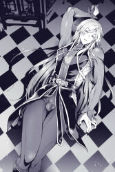 1boy arm_up belt bulge commentary_request dragon_quest dragon_quest_xi fingernails greyscale hair_down homeros_(dq11) long_fingernails long_hair looking_at_viewer lying male_focus monochrome nodosabu official_alternate_costume on_back on_floor pants parted_lips smile solo tight_clothes tight_pants toned toned_male very_long_hair