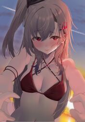1girl 1other absurdres alternate_costume bikini black_bow blush bow breasts cleavage closed_mouth commentary_request criss-cross_halter double-parted_bangs earclip grey_hair hair_between_eyes hair_bow hair_ornament hairclip halterneck highres hololive hololive_dev_is isaki_riona long_hair looking_at_viewer medium_breasts multi-strapped_bikini_top navel nekoi_(nekoi_0116) one_side_up outdoors pov pov_hands reaching reaching_towards_viewer red_bikini red_eyes sidelocks sky solo_focus spiked_ear_piercing swimsuit upper_body virtual_youtuber wet wet_hair