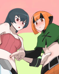 2girls black_hair black_shirt blue_hair blunt_bangs bob_cut bracelet breasts camisole capelet cargo_shorts collarbone crop_top cropped_shirt flipped_hair gardenia_(pokemon) green_capelet half-closed_eyes inverted_bob jewelry long_sleeves medium_breasts meribe midriff multicolored_hair multiple_girls navel nintendo orange_eyes orange_hair orange_shorts pants pink_camisole pokemon pokemon_dppt pokemon_hgss red_eyes ribbed_camisole sabrina_(pokemon) shirt short_hair shorts sleeveless two-tone_hair upper_body white_pants