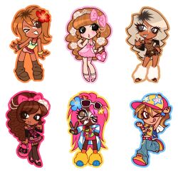 Rule 34 | 6+girls, agejo gyaru, amekaji gyaru, animal print, bag, baseball cap, big hair, blonde hair, bow, brown hair, chibi, chibi only, commentary, dark-skinned female, dark skin, denim, eyelashes, fashion, flower, fur leg warmers, ganguro, gyaru, gyaru makeup, hair bow, handbag, hat, hibiscus, highlighter (makeup), highres, hime gyaru, jeans, leg warmers, leopard print, long hair, lumi nela, manba gyaru, multiple girls, one eye closed, original, pants, pink bow, pink hair, simple background, sunglasses, tan, thick eyelashes, tiara, very dark skin, white background