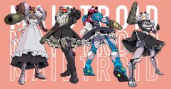aiming animal_ears apron arm_cannon armor_under_clothes back_bow bow cat_ears dark_suit_(metroid) fake_animal_ears frilled_skirt frills helmet highres light_suit_(metroid) maid maid_apron maid_headdress metroid metroid_dread metroid_prime metroid_prime_1 metroid_prime_2:_echoes multiple_persona nintendo normal_suit_(metroid) pajaronaa phazon_suit power_suit_(metroid) samus_aran skirt standing upskirt weapon