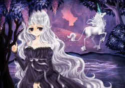 1girl animification bare_shoulders blunt_bangs dress dual_persona flower juliet_sleeves lady_amalthea long_hair long_sleeves luluko_(starryluluko) night off_shoulder personification puffy_sleeves purple_dress purple_eyes purple_theme river strapless strapless_dress the_last_unicorn the_unicorn_(the_last_unicorn) tree unicorn very_long_hair water white_hair