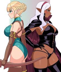 Rule 34 | 2girls, absurdres, backless leotard, black bustier, black cloak, blonde hair, blush, boots, bow (weapon), breasts, bustier, cloak, cropped legs, dark-skinned female, dark elf, dark skin, elbow gloves, elf, elf-san wa yaserarenai., elfuda (elf-san wa yaserarenai.), gloves, green eyes, hair bun, hair ornament, highres, kuroeda (elf-san wa yaserarenai.), large breasts, leotard, long hair, long pointy ears, multiple girls, nico-neko, pointy ears, red eyes, short hair, sideboob, simple background, skull hair ornament, standing, thick thighs, thighhighs, thighs, weapon, white hair