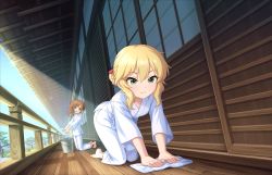 10s 2girls all_fours barefoot blonde_hair brown_eyes brown_hair bucket cleaning dougi feet green_eyes idolmaster idolmaster_cinderella_girls idolmaster_cinderella_girls_starlight_stage igarashi_kyoko long_hair multiple_girls official_art open_mouth porch sakurai_momoka short_hair side_ponytail smile towel
