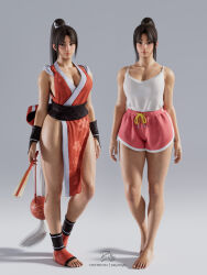 1girl 3d arm_guards artist_name bare_shoulders barefoot billyhhyb breasts brown_eyes brown_hair commentary dolphin_shorts english_commentary fatal_fury feet folded_fan folding_fan full_body hand_fan high_ponytail highres holding holding_fan japanese_clothes large_breasts long_hair looking_at_viewer ninja official_alternate_costume paid_reward_available parted_bangs patreon_username pelvic_curtain ponytail shiranui_mai shorts smile standing street_fighter street_fighter_6 tank_top the_king_of_fighters thighs toes white_tank_top wrist_guards