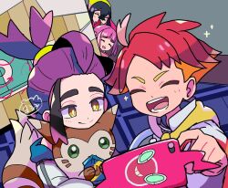 Rule 34 | 2boys, 2girls, black hair, brown fur, carmine (pokemon), closed eyes, crispin (pokemon), furret, gen 2 pokemon, gen 4 pokemon, gloves, green eyes, highres, holding, holding pokemon, jacket, kieran (pokemon), lacey (pokemon), mismatched eyebrows, multicolored hair, multiple boys, multiple girls, neckerchief, nintendo, open mouth, orange hair, partially fingerless gloves, pink hair, pokemon, pokemon (creature), pokemon sv, purple hair, red gloves, red hair, rotom, rotom phone, short hair, smile, teeth, thick eyebrows, two-tone hair, white jacket, yellow neckerchief, yoshishi (yosisitoho)