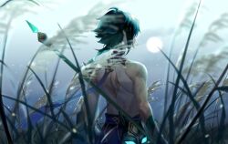 1boy arm_tattoo back bead_necklace beads black_hair from_behind genshin_impact gloves green_hair hashtag-only_commentary highres holding jewelry male_focus multicolored_hair necklace primordial_jade_winged-spear_(genshin_impact) short_hair sleeveless solo tattoo vc_ooo xiao_(genshin_impact)