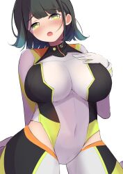 1girl black_hair blue_hair blush bodysuit breasts commentary_request cosplay covered_navel flipped_hair gradient_hair green_eyes grey_bodysuit highres hip_vent kaudon large_breasts link!_like!_love_live! long_sleeves love_live! momose_ginko multicolored_hair official_alternate_costume official_alternate_hair_color open_mouth short_hair simple_background sitting skin_tight virtual_youtuber wariza white_background