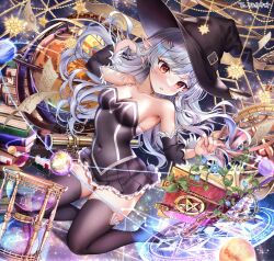 1girl absurdres bad_source bare_shoulders black_hat black_shirt black_skirt black_thighhighs book breasts cleavage commission covered_navel detached_sleeves dungeon_and_fighter earrings frilled_skirt frills globe grimoire hair_ornament hairclip hand_up hat highres hourglass jewelry kanesada_(dungeon_and_fighter) kneeling konana_(artmug) long_hair long_sleeves looking_down medium_breasts miniskirt necklace no_shoes parted_lips pleated_skirt pointy_ears red_eyes second-party_source shirt skirt solo strapless strapless_shirt thighhighs white_hair witch_hat zettai_ryouiki