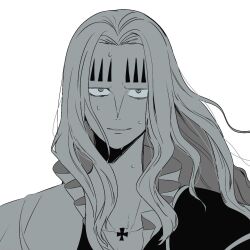 1boy basil_hawkins commentary facial_mark frilled_shirt frills greyscale highres long_hair looking_at_viewer male_focus mecuru_mecu monochrome one_piece shirt simple_background smile solo sweatdrop upper_body