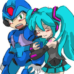 Rule 34 | &gt; &lt;, 1boy, 1girl, android, aqua hair, aqua necktie, arm hug, armor, bare shoulders, black sleeves, blue armor, blue helmet, blush, commentary request, crossover, detached sleeves, forehead jewel, green eyes, grey shirt, hair between eyes, hair ornament, hatsune miku, headphones, headset, helmet, holding, long hair, m.u.g.e.n, maikeru, mega man (series), mega man x (series), necktie, number tattoo, open mouth, robot, shirt, skirt, smile, tattoo, twintails, vocaloid, x (mega man)