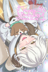 1other :d absurdres animal animal_hug brown_hair choko_(1839) coat colored_tips commentary confetti dated dog fang feet_out_of_frame from_above gloves grey_pants happy_birthday highres holding holding_animal looking_at_viewer medicine_pocket multicolored_hair open_mouth pants reverse:1999 smile solo sparkle upside-down white_coat white_gloves white_hair yellow_eyes