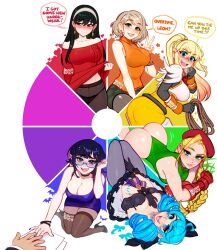 4girls :d ahoge arm_behind_back artist_logo artist_name ashley_graham ass bare_arms bare_shoulders beret black_bow black_choker black_gloves black_hair black_panties black_pantyhose blonde_hair blue-framed_eyewear blue_dress blue_eyes blush blushyspicy bow bra_visible_through_clothes braid breasts brown_pantyhose cammy_white choker cleavage closed_mouth clothes_lift color_coordination color_wheel color_wheel_challenge cowboy_shot crossover darkness_(konosuba) dress earrings english_text facial_scar fang fingerless_gloves glasses gloves green_eyes green_hair green_leotard grey_dress gwen_(league_of_legends) hair_bow hair_ornament hair_rings hairband hat high-waist_pantyhose highres holding holding_rope huge_ahoge jewelry kono_subarashii_sekai_ni_shukufuku_wo! large_breasts league_of_legends leotard lifting_own_clothes logo long_hair looking_at_viewer looking_back medium_breasts multicolored_hair multiple_crossover multiple_drawing_challenge multiple_girls narrow_waist necklace off-shoulder_dress off-shoulder_sweater off_shoulder open_mouth original panties panties_under_pantyhose pantyhose paper pointy_ears ponytail reaching red_dress red_eyes red_gloves red_headwear red_sweater resident_evil resident_evil_4 rope scar scar_on_cheek scar_on_face semi-rimless_eyewear short_hair skort sleeveless sleeveless_turtleneck smile speech_bubble spy_x_family street_fighter street_fighter_ii_(series) surprised sweater sweater_dress sweater_lift thighhighs thighs thong_leotard torn_clothes torn_pantyhose turtleneck twin_braids underwear unfinished v vampire very_long_hair vivian_seong_(blushyspicy) watermark web_address white_hairband x_hair_ornament yor_briar zettai_ryouiki