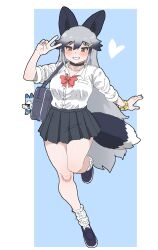 Rule 34 | alternate costume, animal ears, bag, bag charm, black choker, black shoes, black skirt, bow, bowtie, charm (object), choker, extra ears, fox ears, fox girl, fox tail, grey hair, hair between eyes, highres, kemono friends, kumasyan1998, loafers, long hair, long sleeves, loose socks, lucky beast (kemono friends), multicolored hair, nail polish, orange eyes, orange nails, pleated skirt, red bow, red bowtie, school bag, school uniform, scrunchie, shirt, shoes, sidelocks, silver fox (kemono friends), skirt, socks, standing, standing on one leg, tail, v, white shirt, white socks, wrist scrunchie